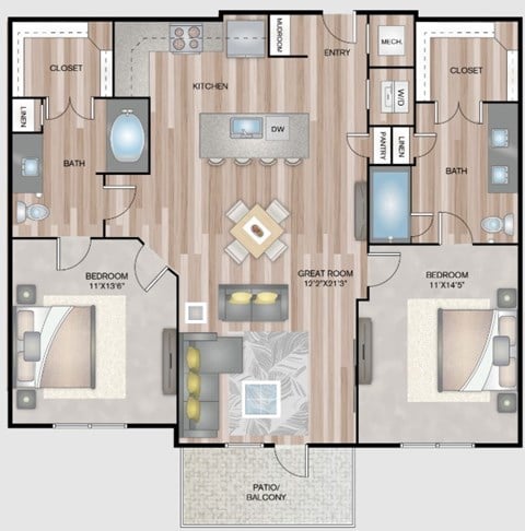 Floor plan for 2 beds, 2 baths, 1075 sqft